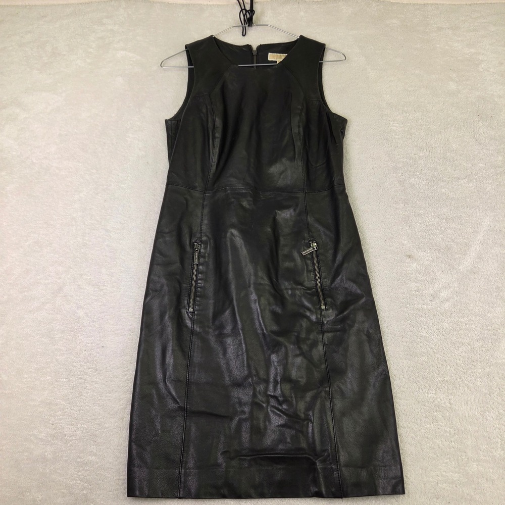 Michael Kors Black Leather Sleeveless Zipper Pocket Shift Dress Size 4
